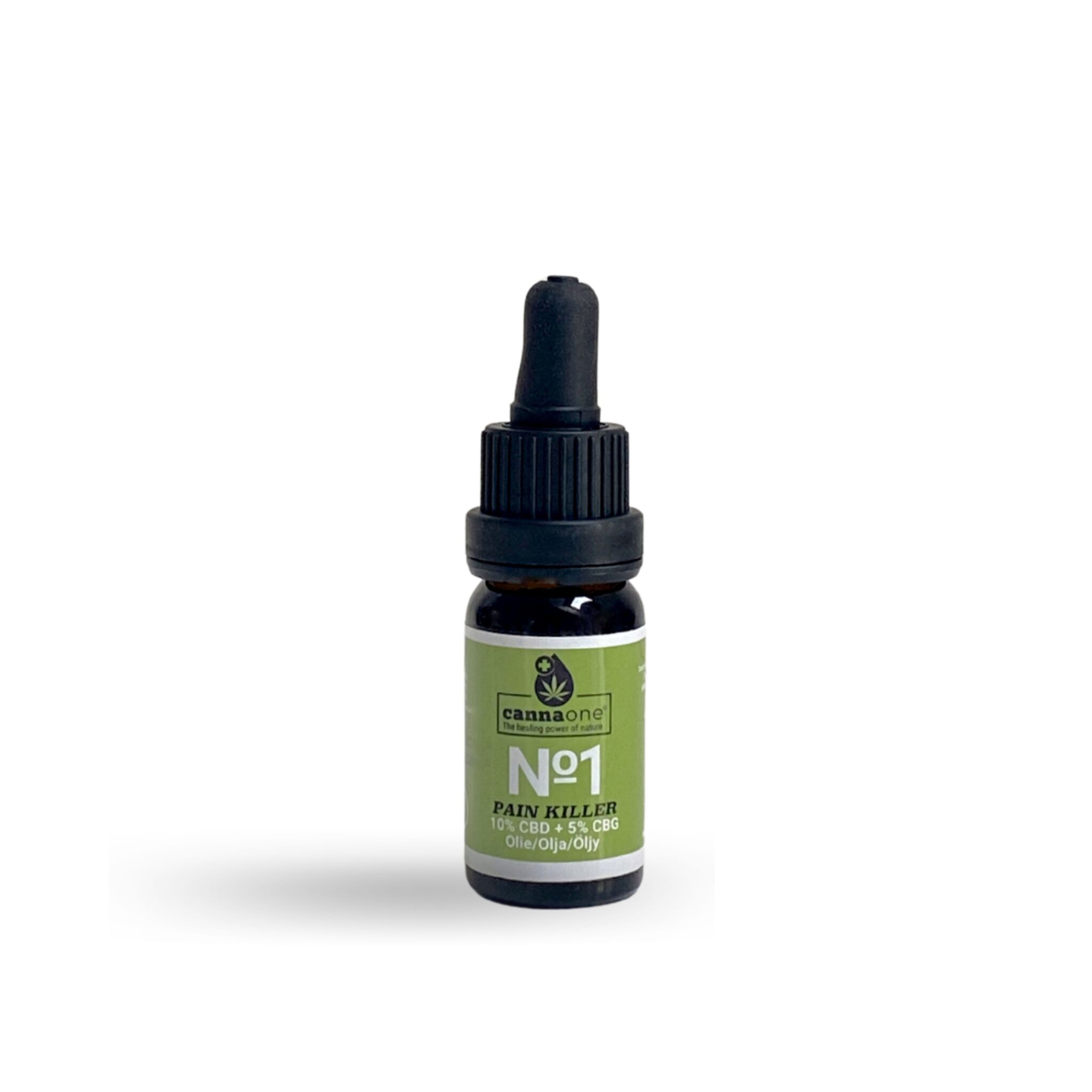 CBD + CBG oljan Pain Killer, droppflaska med svart kork och grön etikett