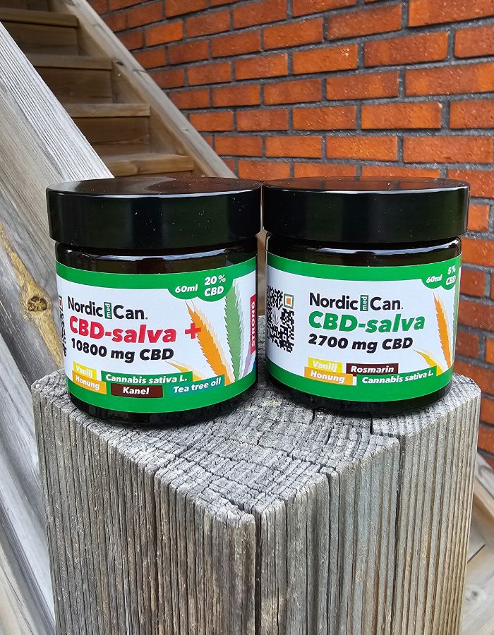 Två burkar med CBD salva från Nordic Med Can