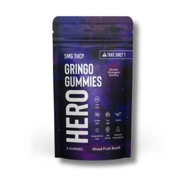 En lila paket med Gringo THCP gummies från Hero