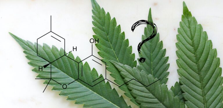 Vad är THCB? symboliserat med en THCB molekyl och ett frågetecken framför ett cannabislöv.