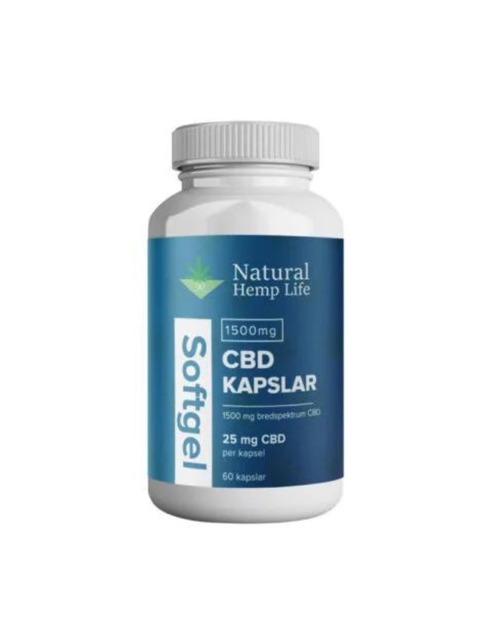 Burk med Natural Hemp Life CBD Softgel kapslar mot en vit bakgrund