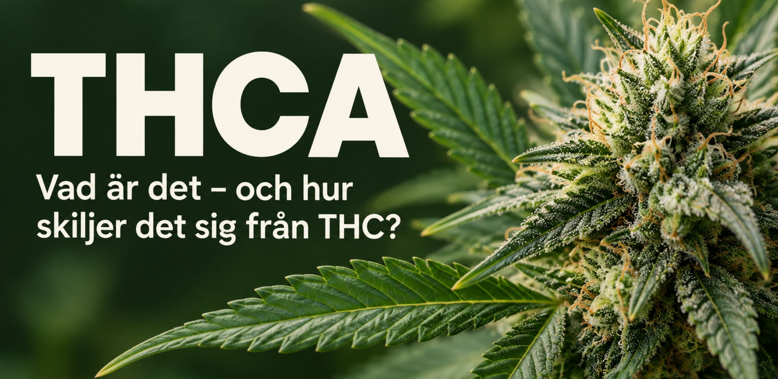 Cannabisplanta med texten "THCA - Vad är det - och hur skiljer det sig från THC" på.